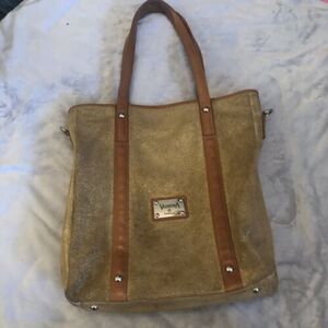 VALENTINA GOLD SUEDE+COGNAC LEATHER TRIM N/S TOTE,HAND BAG-ITALY